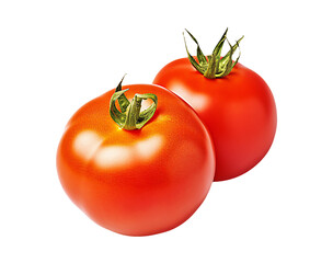Two ripe tomatoes with green stems on a transparent background