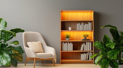 Fototapeta premium Cozy reading space with illuminated bookshelf