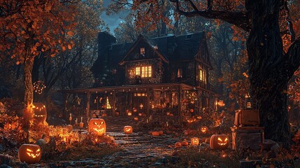 A whimsical Halloween scene featuring a witch in front of a glowing, pumpkin-decorated cottage.
