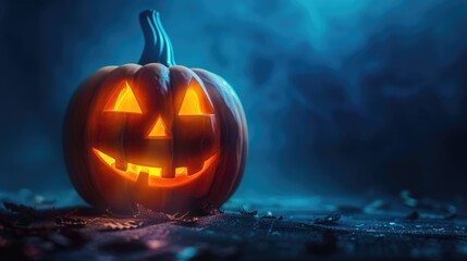 A jack-o-lantern pumpkin sits proudly on a table, ready for Halloween celebrations