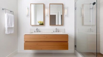Modern bathroom with double vanity and glass shower