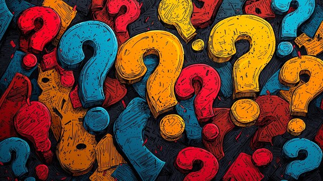 Colorful question marks on a textured dark background