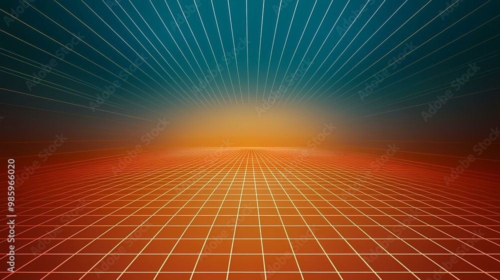 Poster a digital rendering of a gridded landscape with a teal and orange gradient sky. the lines converge i