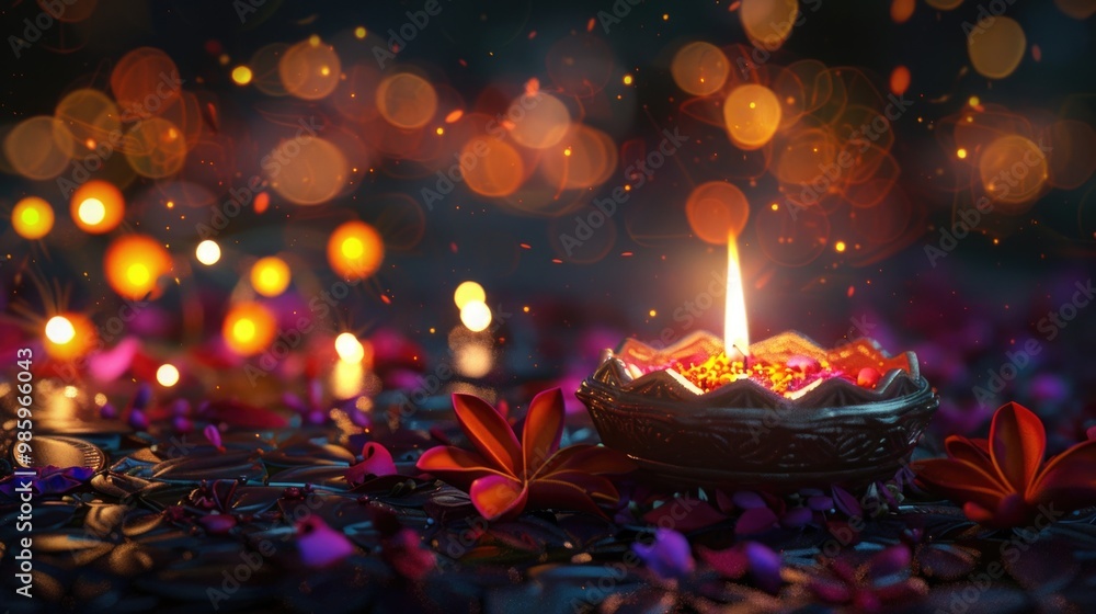 Poster a single lit candle sits atop a bed of colorful flowers, perfect for adding ambiance to any setting