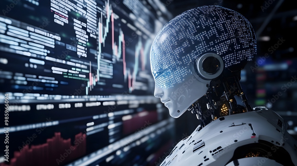Poster binary code cascading into the head of a robotic figure with market charts and financial data stream