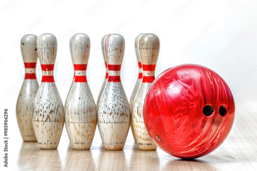 Poster a bright red bowling ball sits next to a row of pins, ready for action