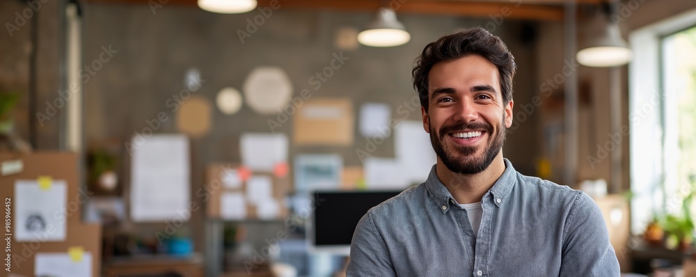 Poster man is smiling in front of a wall with a lot of papers on it. scene is happy and positive. a man tal