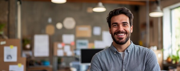 Man is smiling in front of a wall with a lot of papers on it. Scene is happy and positive. a man talking to the camera, smiling, caucasian