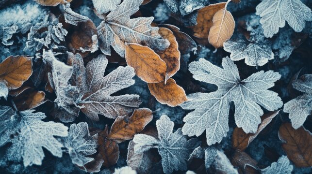 Frost-Covered Autumn Leaves in Close-Up