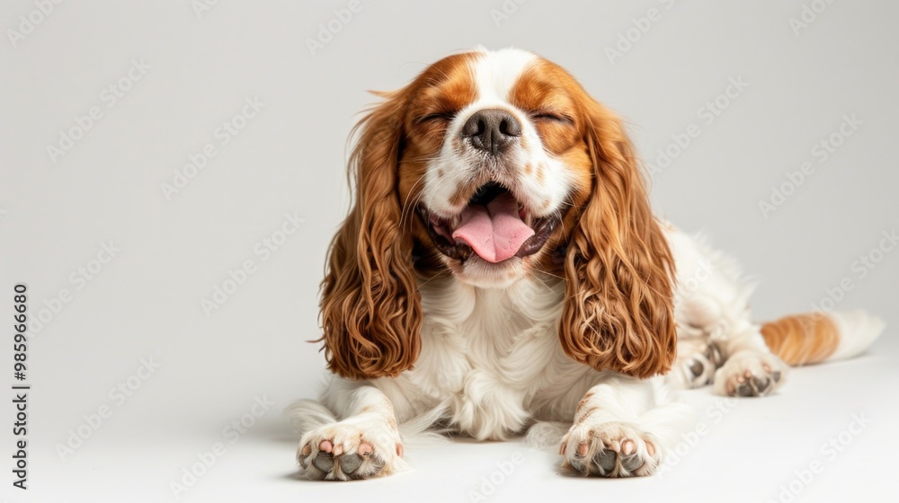 Sticker A brown and white dog is laying down on a white surface