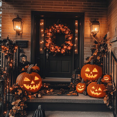 View of a house porch entrance door decorated for a Halloween celebration