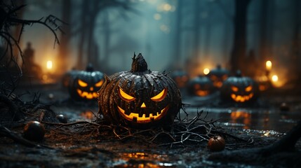 Halloween pumpkins in the night.Halloween background with Evil Pumpkin. Spooky scary dark Night forrest. Holiday halloween banner background.