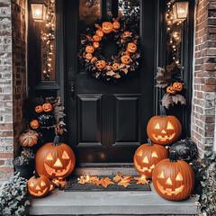 View of a house porch entrance door decorated for a Halloween celebration