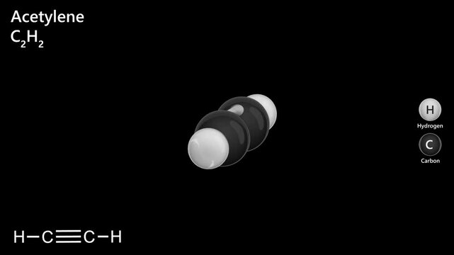 A detailed 3D model of Acetylene (or ethyne), a colorless gas with chemical formula C2H2. It is commonly used as a fuel and a chemical building block. Black background. 3D rendering. Seamless loop