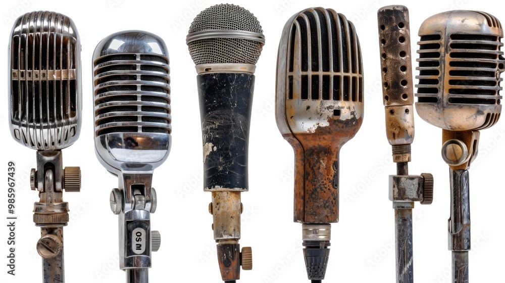 Aufkleber A collection of vintage microphones placed side by side, ideal for use in retro-themed settings or as props for music-related projects