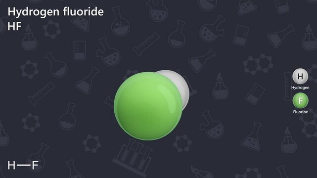 A 3D model of hydrogen fluoride (HF) is a poisonous, colorless gas or liquid that dissolves in water to form hydrofluoric acid, which is used as a principal source of fluorine. 3d render. Black back.
