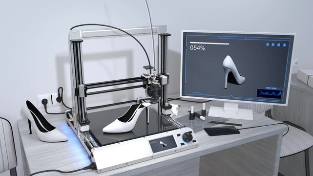 A high-resolution animated video showcasing the 3D printing process of a woman's pair of shoes, taking place in a state-of-the-art laboratory dedicated to footwear design and innovation. 3d rendering.