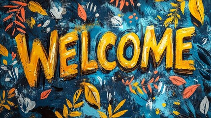 Colorful hand-drawn welcome text with vibrant leaves background