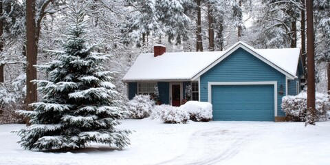 Fototapeta premium Christmas tree in front of a house covered in snow