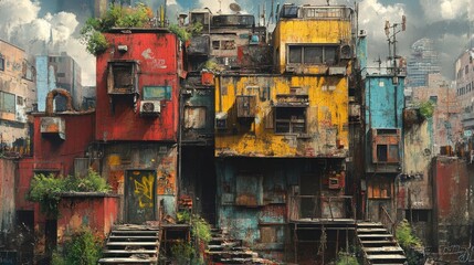 Fototapeta premium Urban Village: Colorful Crowdsourced Architecture Amidst Partly Cloudy Skies