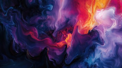 Fototapeta premium An abstract color splash featuring deep hues and organic, flowing forms, evoking a surreal atmosphere, reminiscent of oil paintings and contemporary art installations.