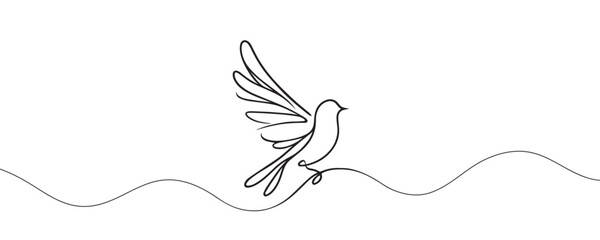 bird in flight, dove one line icon, linear style badge, vector illustration.