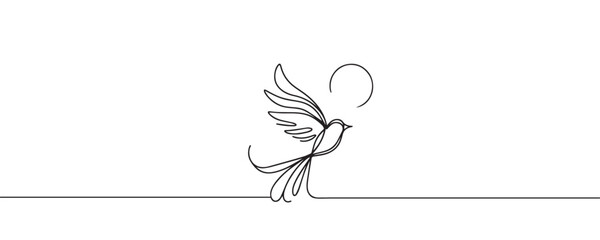 bird in flight, dove one line icon, linear style badge, vector illustration.