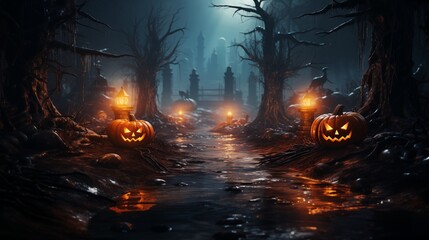 Halloween pumpkins in the forest at night.Halloween background Evil Pumpkin. Spooky scary dark Night forrest. Holiday halloween banner background.