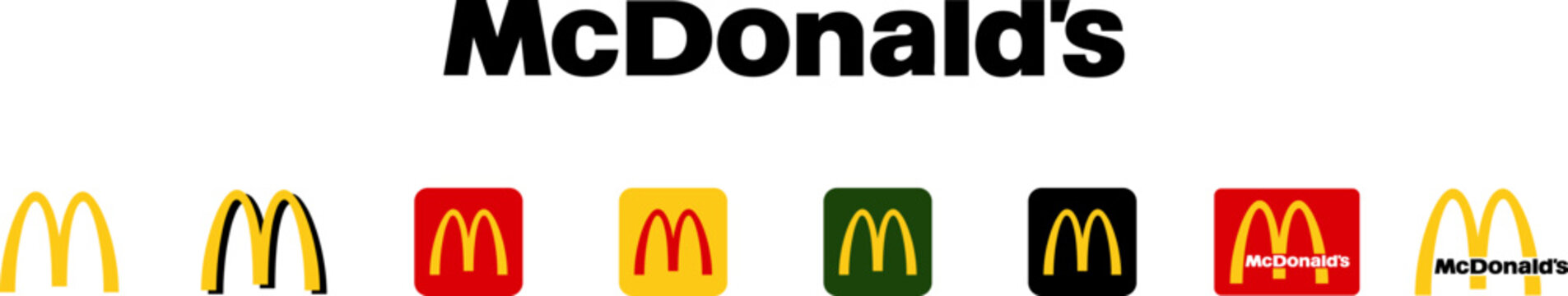 Popular fast food restaurants logo set: McDonald's Fast food logo. Web emblem. Mcdonalds brand illustration. Editorial with American McDonalds logo in vector flat style.