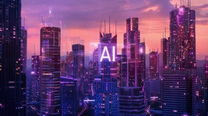 As the sun sets, a mesmerizing city skyline comes alive with vibrant lights, highlighting the phrase AI which symbolizes technological advancement and innovation in a futuristic landscape