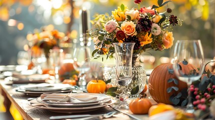 A table with a vase of flowers, plates, glasses, and utensils, and pumpkins. Dinner table setting for Thanksgiving, wedding, fall holiday party.
