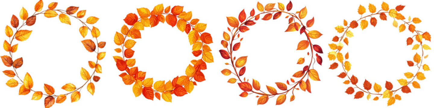 Autumn leaves in vibrant orange red and yellow colors forming decorative wreaths circles and frames on a white background  Seasonal nature concept with beautiful fall foliage elements