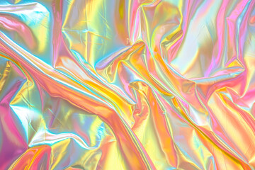 Fototapeta premium Holographic iridescent surface wrinkled foil. Abstract iridescent holographic cloth background.