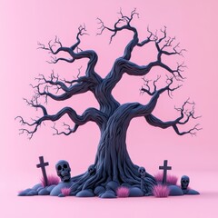 Eerie illustration of a twisted, leafless tree surrounded by skulls and graves