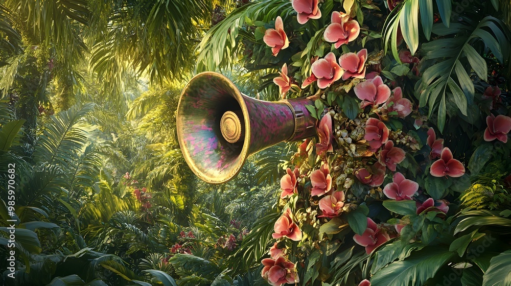 Poster captivating 3d portrays a megaphone entangled in a lush display of twisted vines and hanging orchids