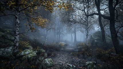 Obraz premium Mystical forest with fog-shrouded trees, nature of mystery background