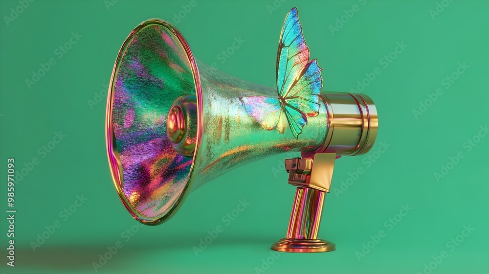 Aufkleber captivating 3d showcasing a megaphone covered in shimmering iridescent butterfly wings against a vib