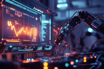 Robotic Arm Interacting with a Computer Screen Displaying a Financial Chart