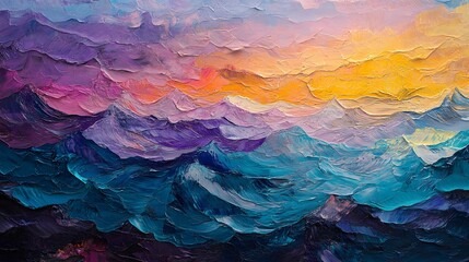 Abstract, colorful oil painting of ocean waves with textured brush strokes, impasto, and thick paint layers. Close-up, macro shot with vibrant colors of blue, pink, yellow, and purple.