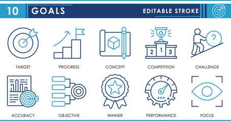 A set of line icons related to Golas. Target, Progress, concept, competition, challenge, vision, and so on. Vector editable stroke.