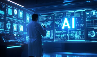 Fototapeta premium Man in lab coat working with AI.