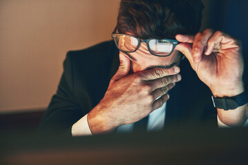 Frustrated, businessman and night with stress for pressure, anxiety or financial loss at office...