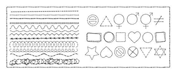 Barb wire shapes, border and pattern texture design vector graphic. Basic geometric shapes collection vector set. Brush and stroke vector design.
