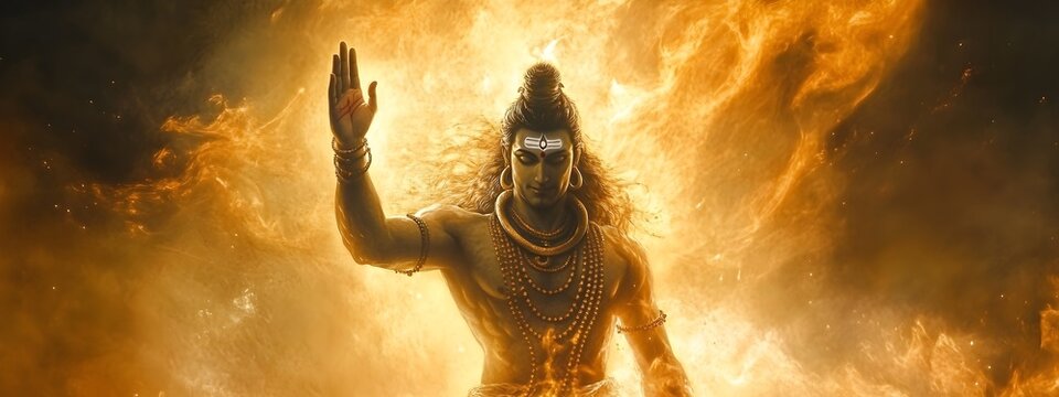 Captivating digital depicting the mighty Lord Shiva the Hindu deity of destruction and transformation blessing his devoted followers with his powerful divine presence symbolizing protection grace
