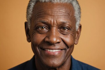 Full framed very close face portrait of a smiling senior african american non binary with amber eyes looking at the camera, studio shot,amber background.