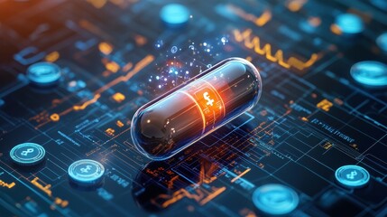 Digital medical capsule surrounded by floating currency symbols, concept of healthcare costs