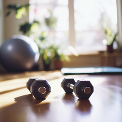 home workout setting with dumbbells on a wooden floor in a home gym