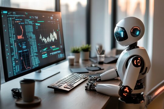 A humanoid robot working on a computer with financial data displayed on the screen.