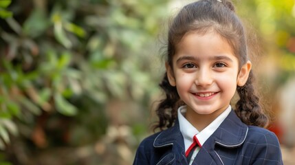 Smiling student wearing a uniform enjoys a moment outdoors, embodying school spirit and happiness