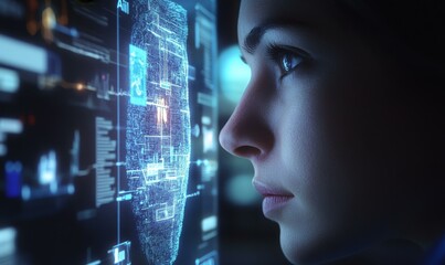 Woman gazing at digital data on screen.